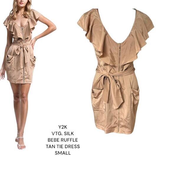 Y2K BEBE SILK RUFFLE TIE KHAKI TAN ZIP UP DRESS SMALL - Picture 1 of 7